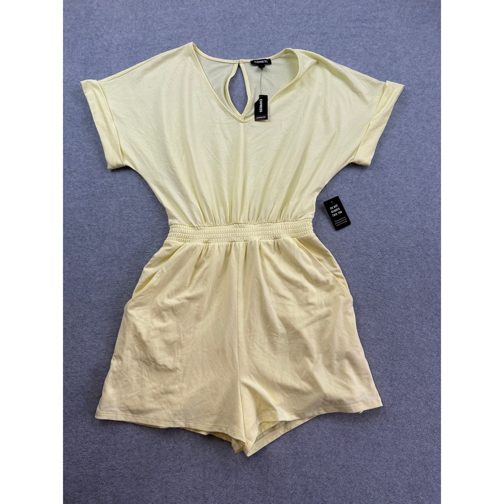 Express Womens Pale Yellow Short Sleeve Smocked Waist Romper Size S NWT